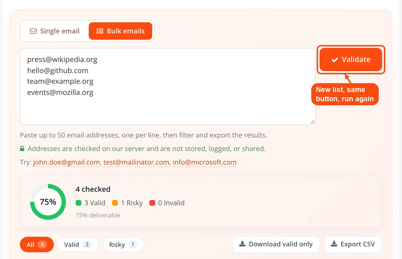 New list validated with same button