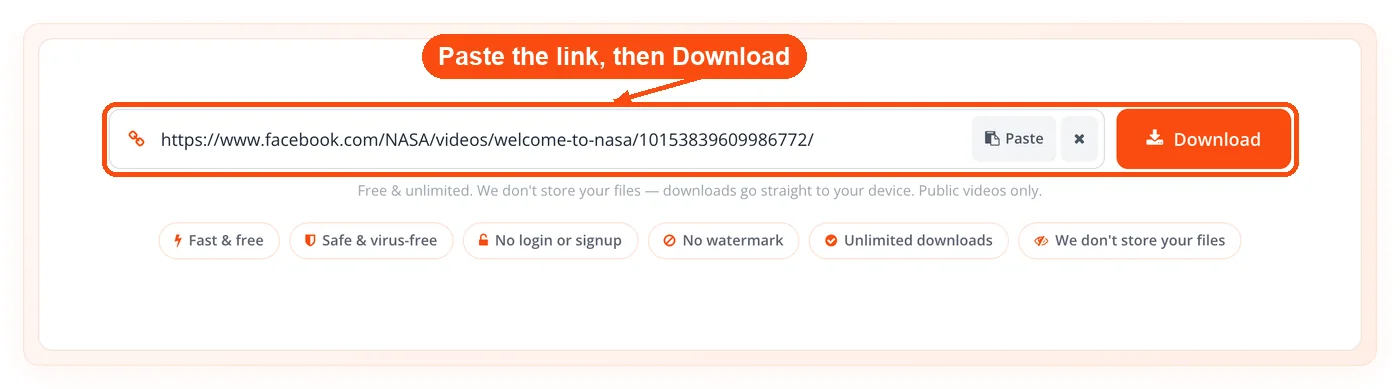 Facebook link pasted, ready to download