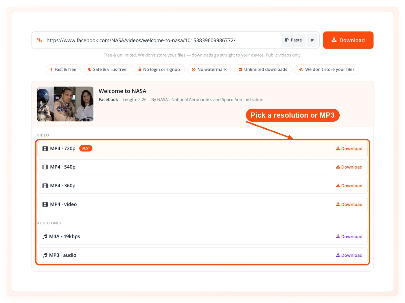 Resolutions and MP3 audio options listed