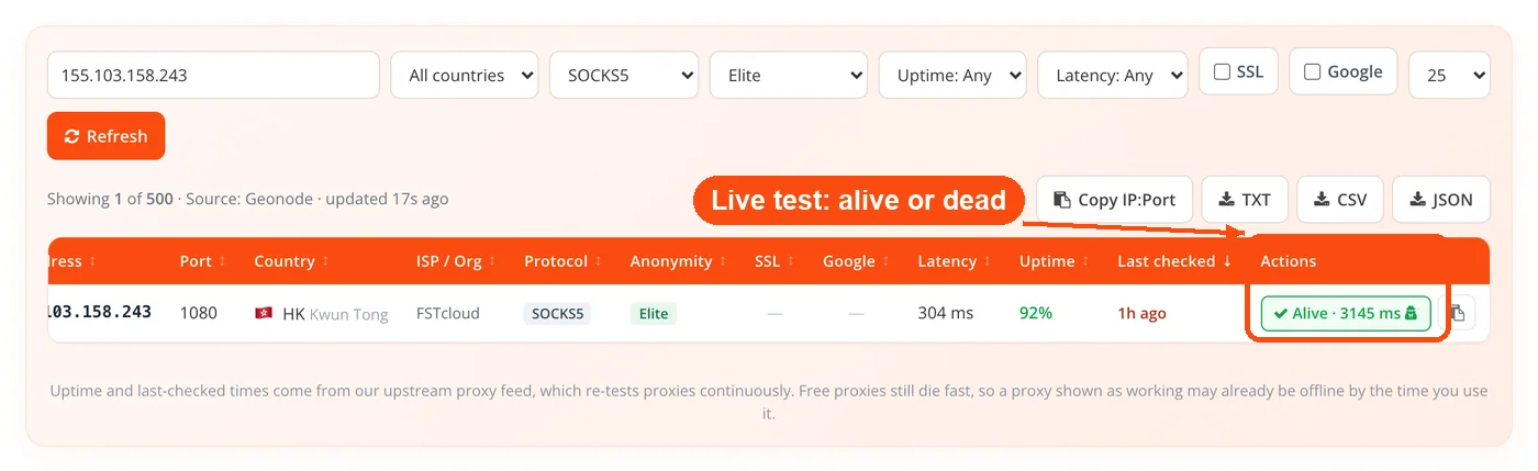 Proxy test result showing alive