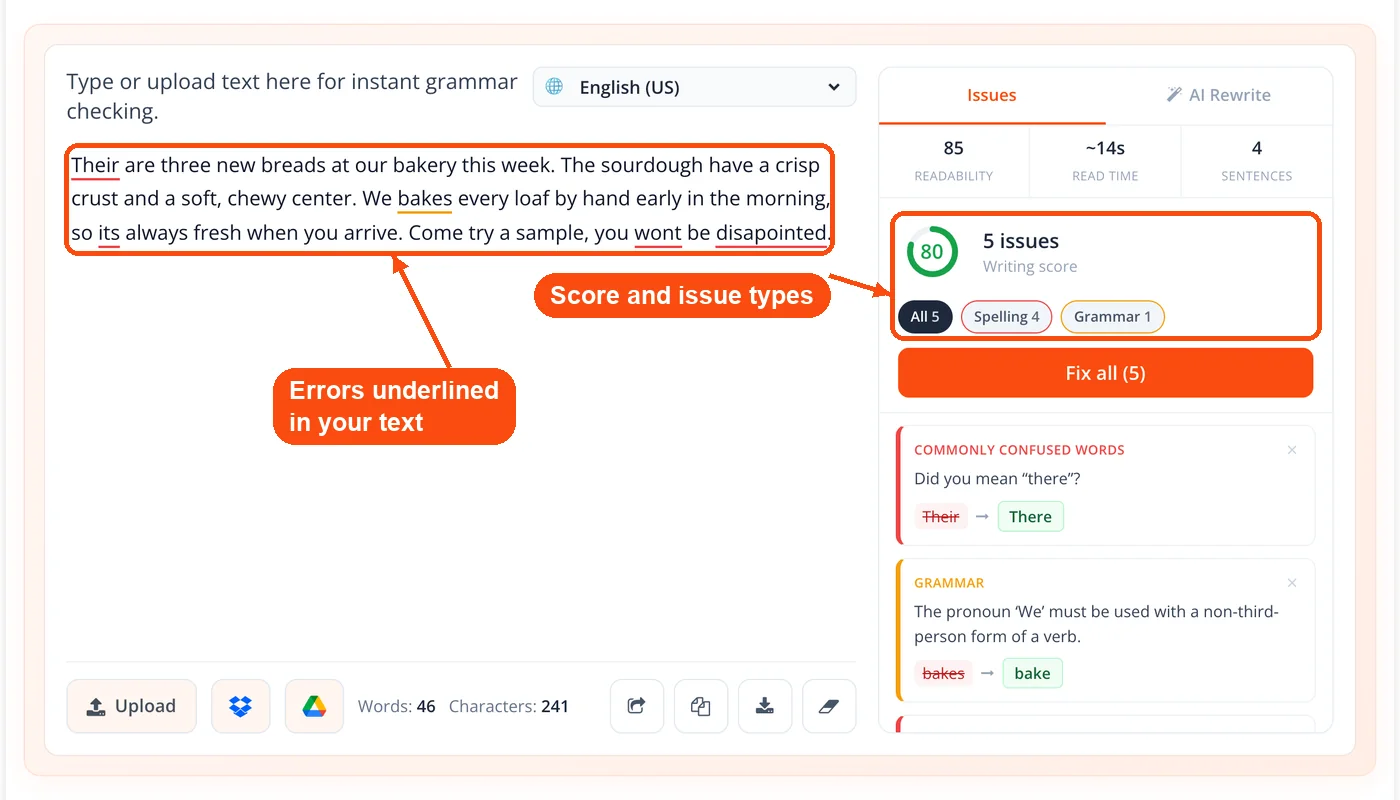 Errors underlined with writing score
