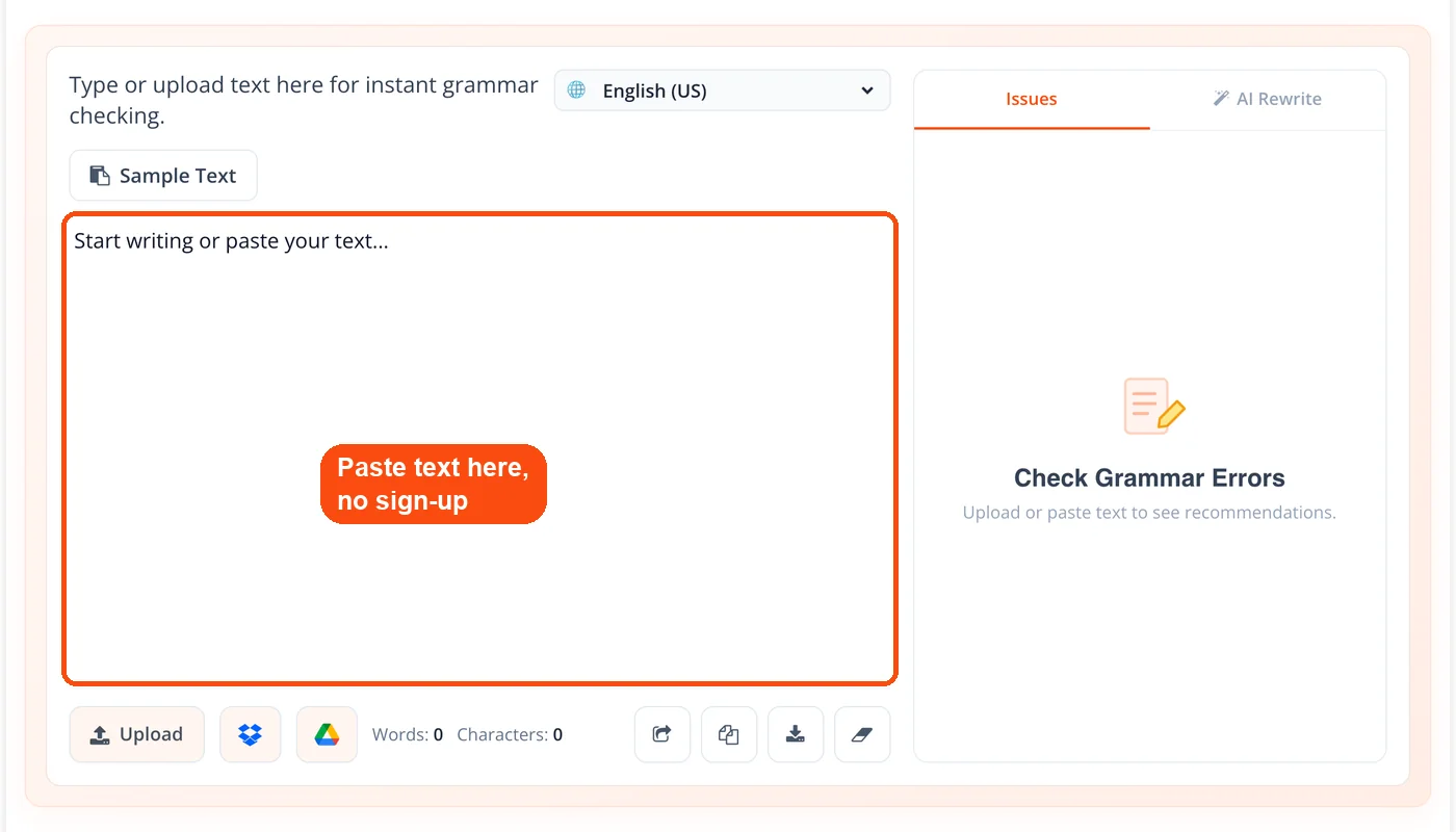 Empty grammar checker ready for text
