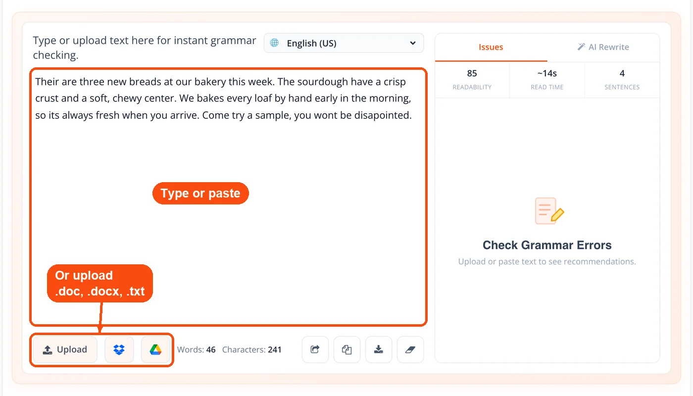 Text pasted with upload buttons shown