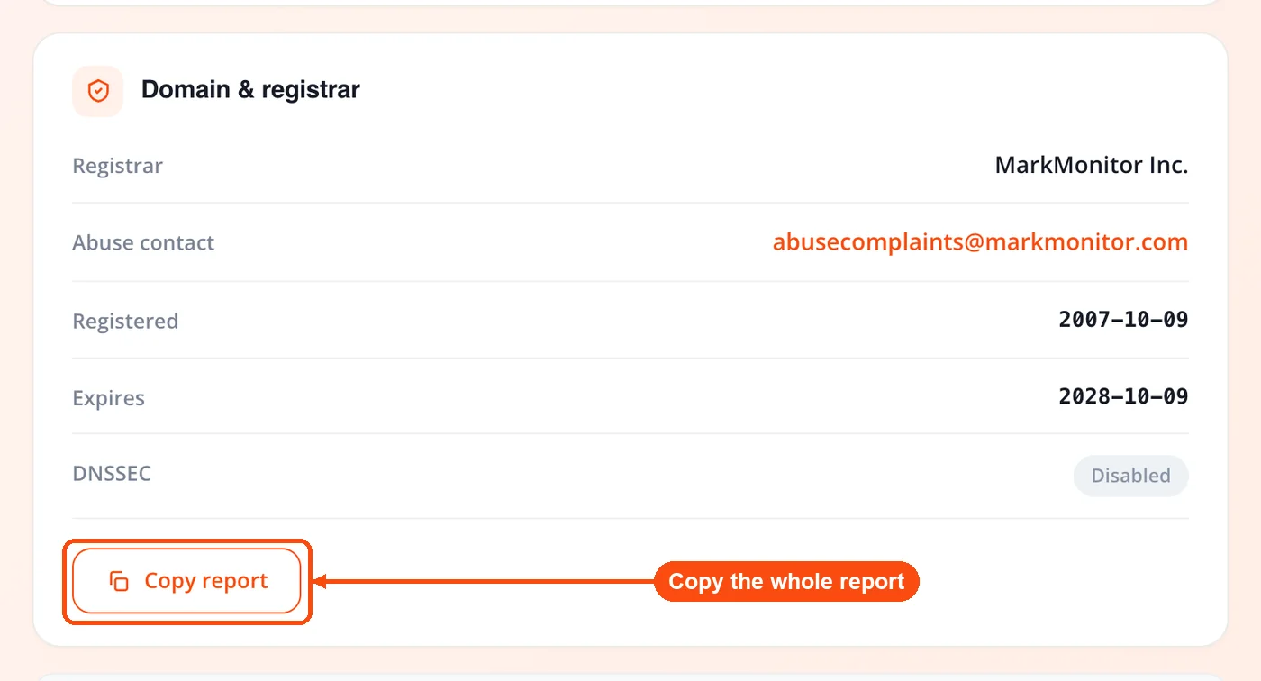 Copy report button under registrar card