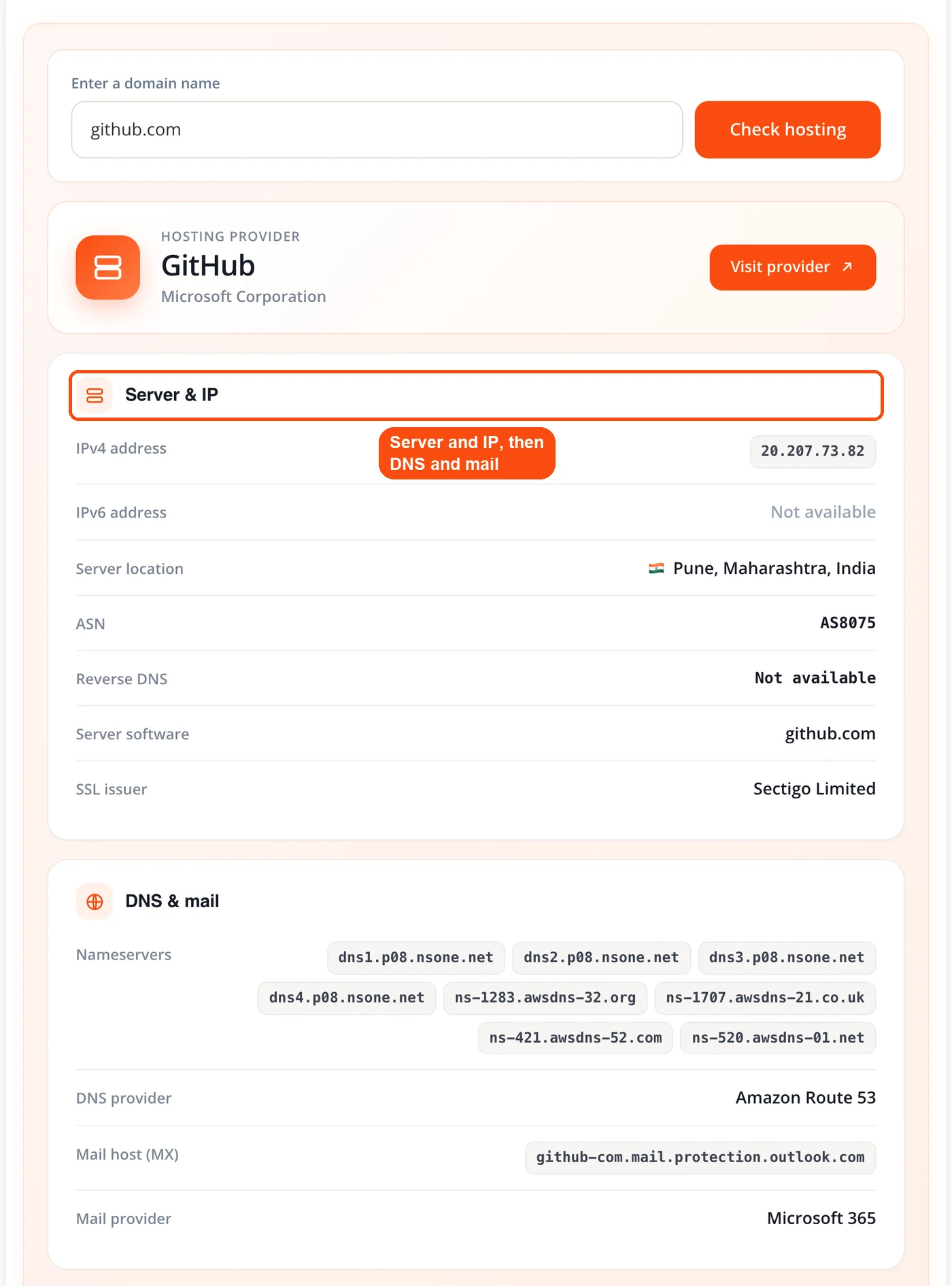 Server, DNS and mail detail cards