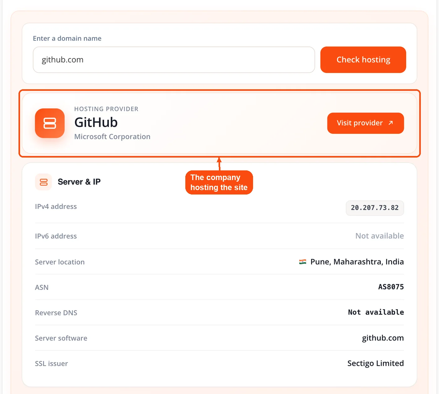 Hosting provider card shows GitHub
