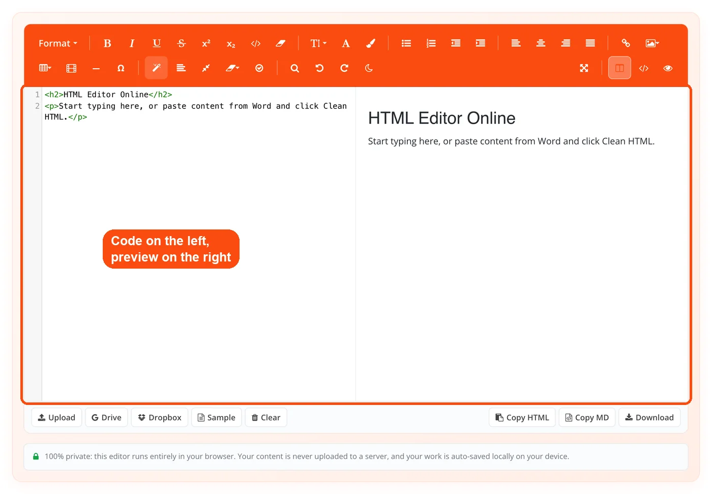 Code and preview panes side by side