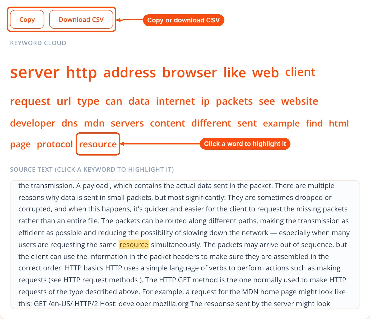 Keyword cloud, highlight and CSV export