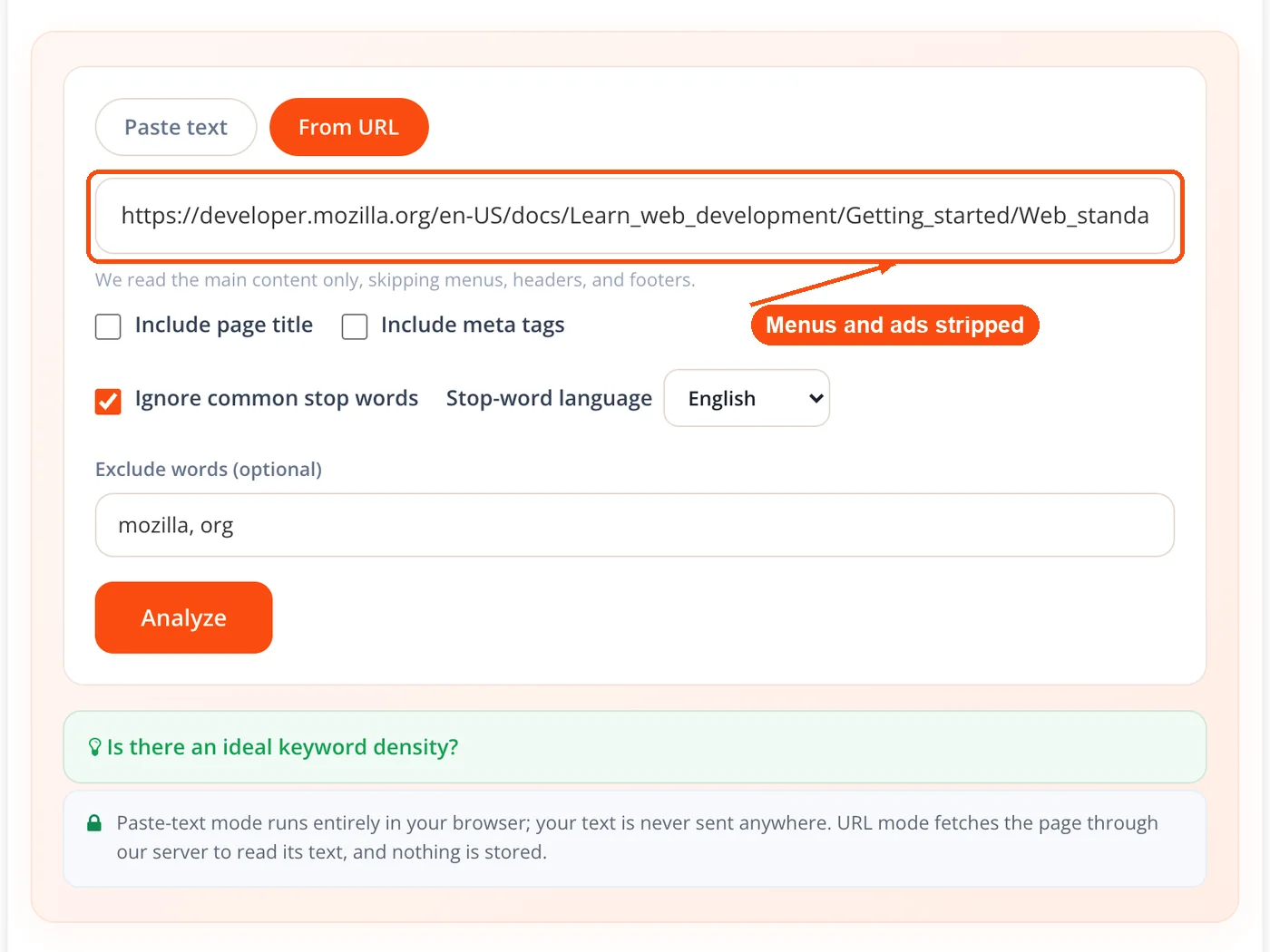 Page URL entered in URL mode