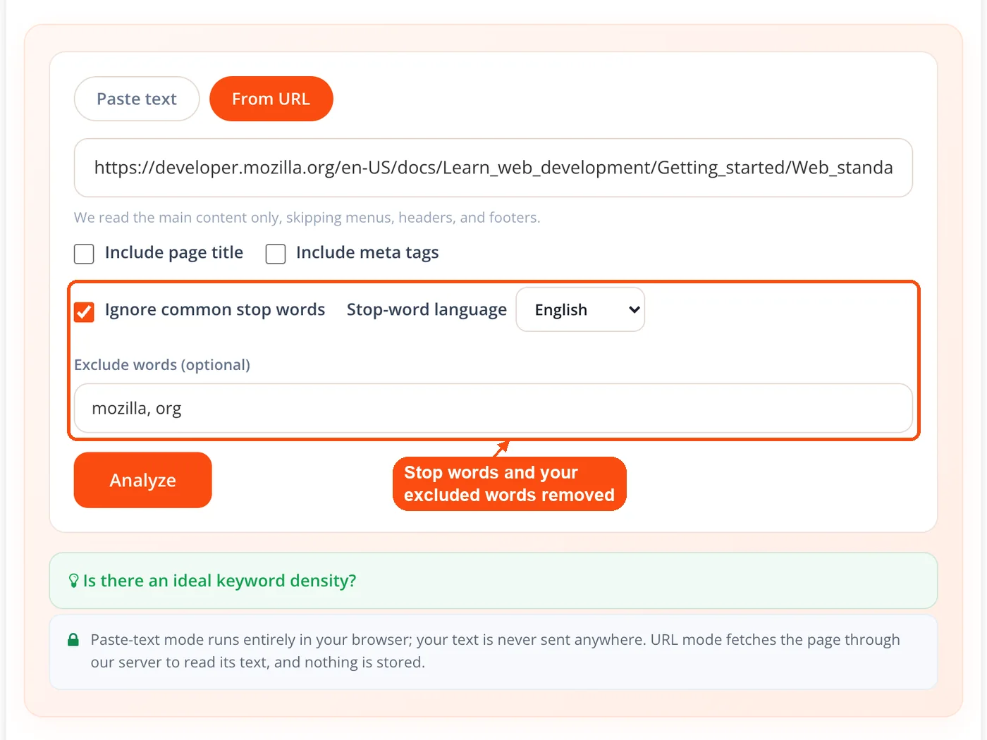 Stop words and exclude words options