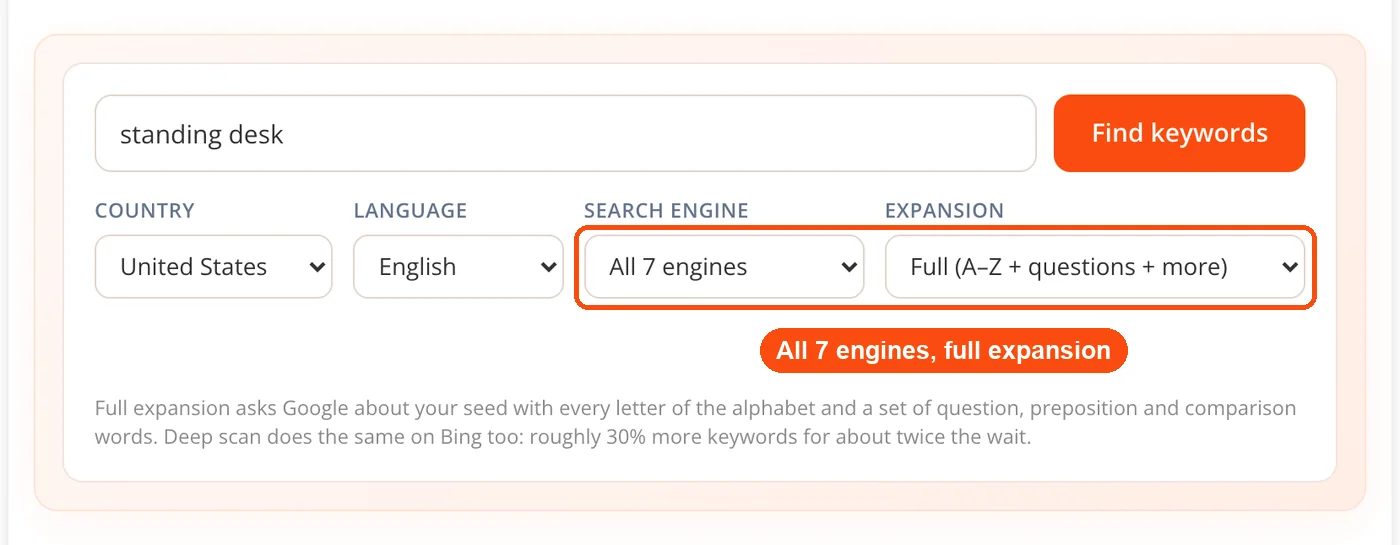 Search engine and expansion selectors