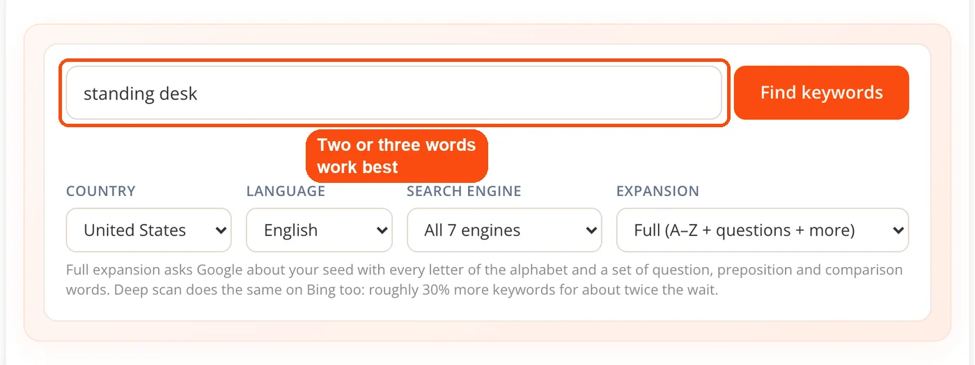 Seed keyword typed into search box