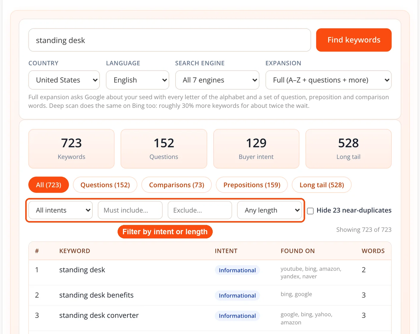 Intent, include, exclude and length filters