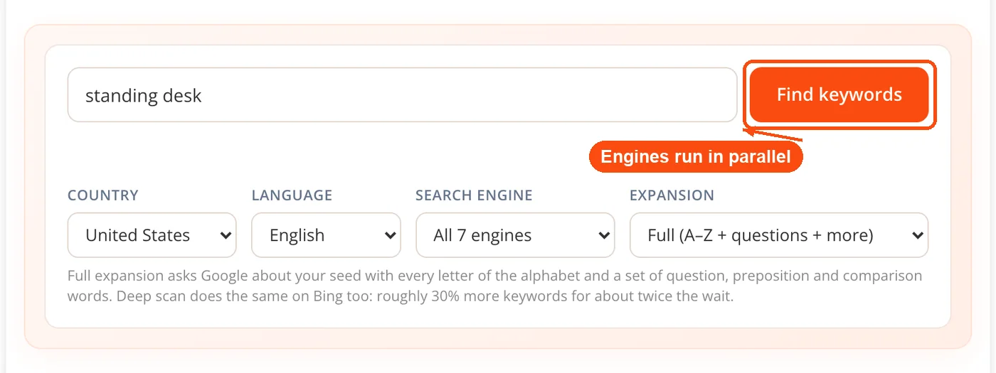 Find keywords button that runs search