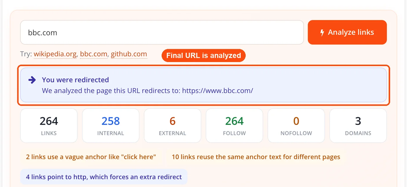 Redirect banner naming the final URL