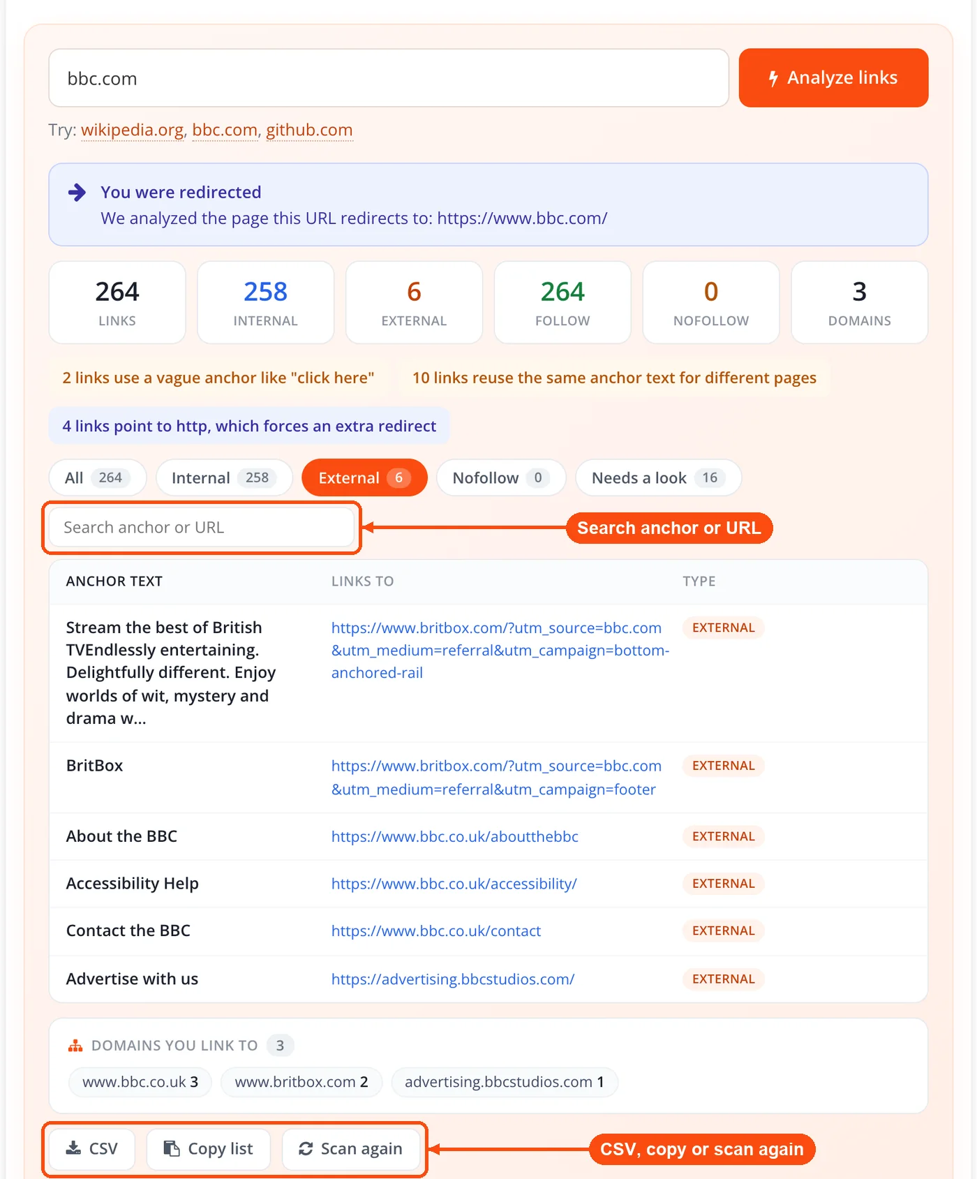 Search box with CSV and copy buttons