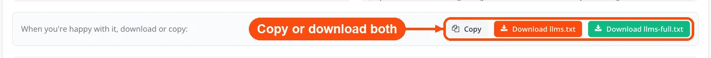 Download llms.txt and llms-full.txt buttons