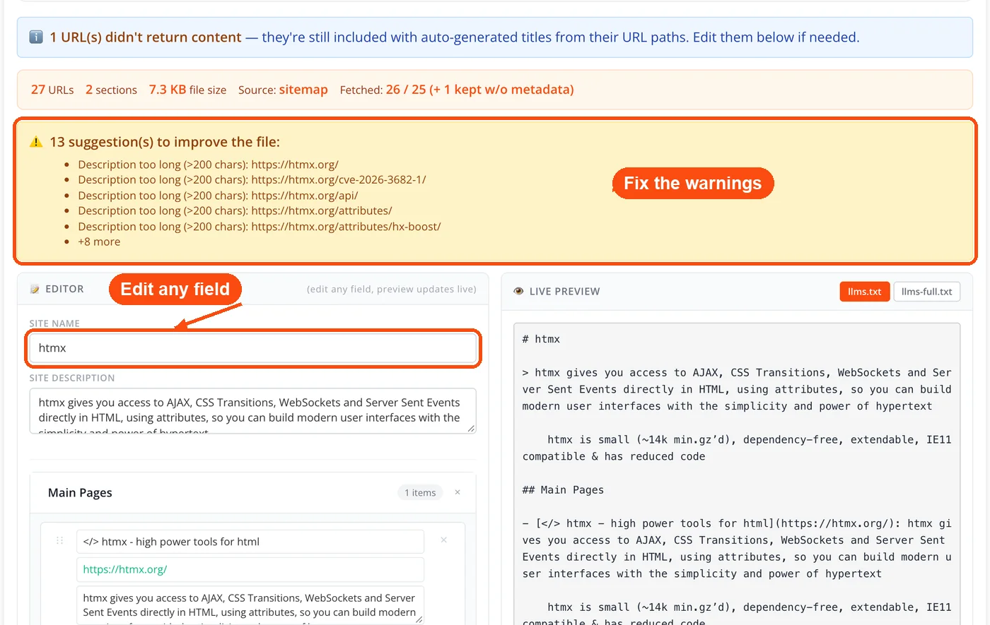 Edited site name and validation warnings