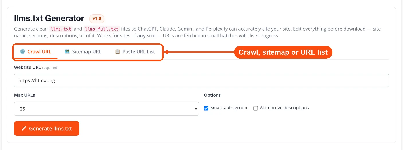 Crawl, sitemap and URL list tabs