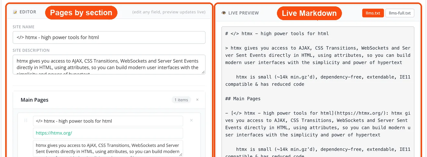 Split editor with live Markdown preview
