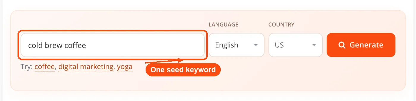 Seed keyword typed into input box