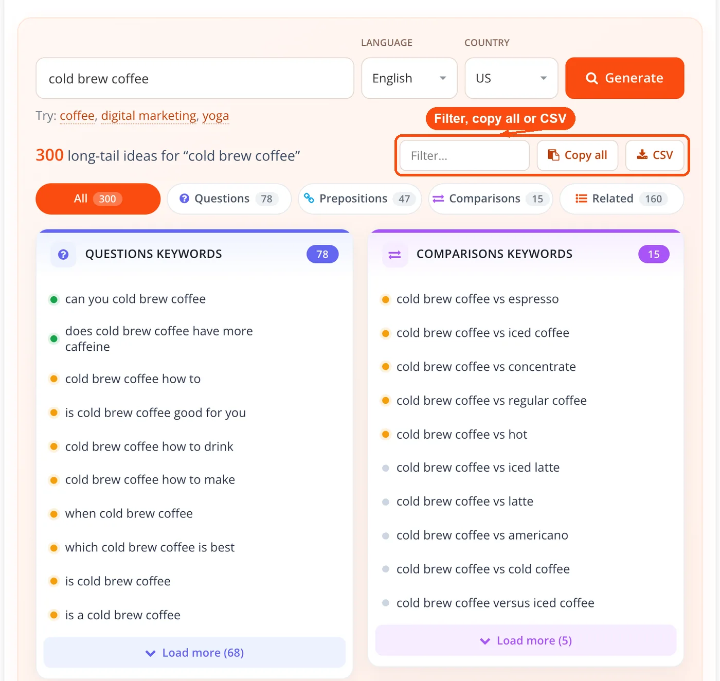 Filter box, Copy all and CSV