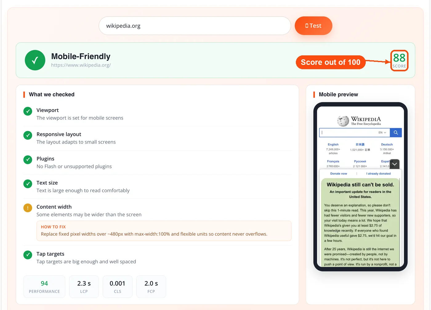 Mobile-Friendly verdict with score 88