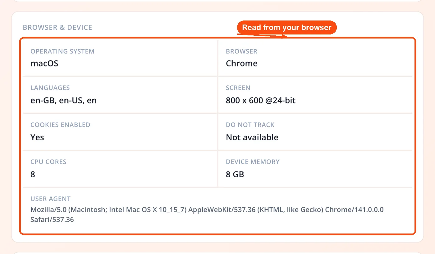 Browser and device details panel