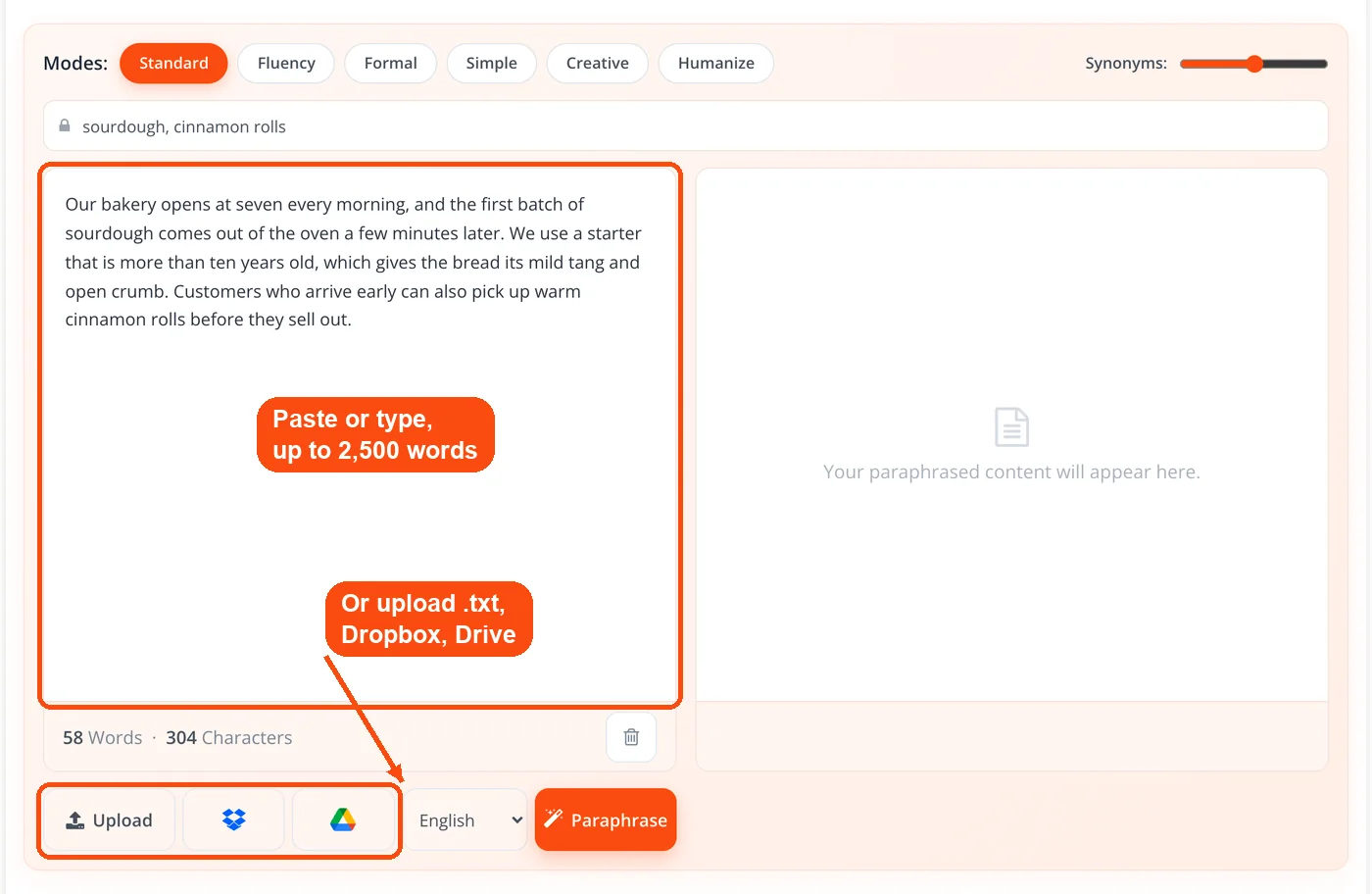Text pasted with upload options