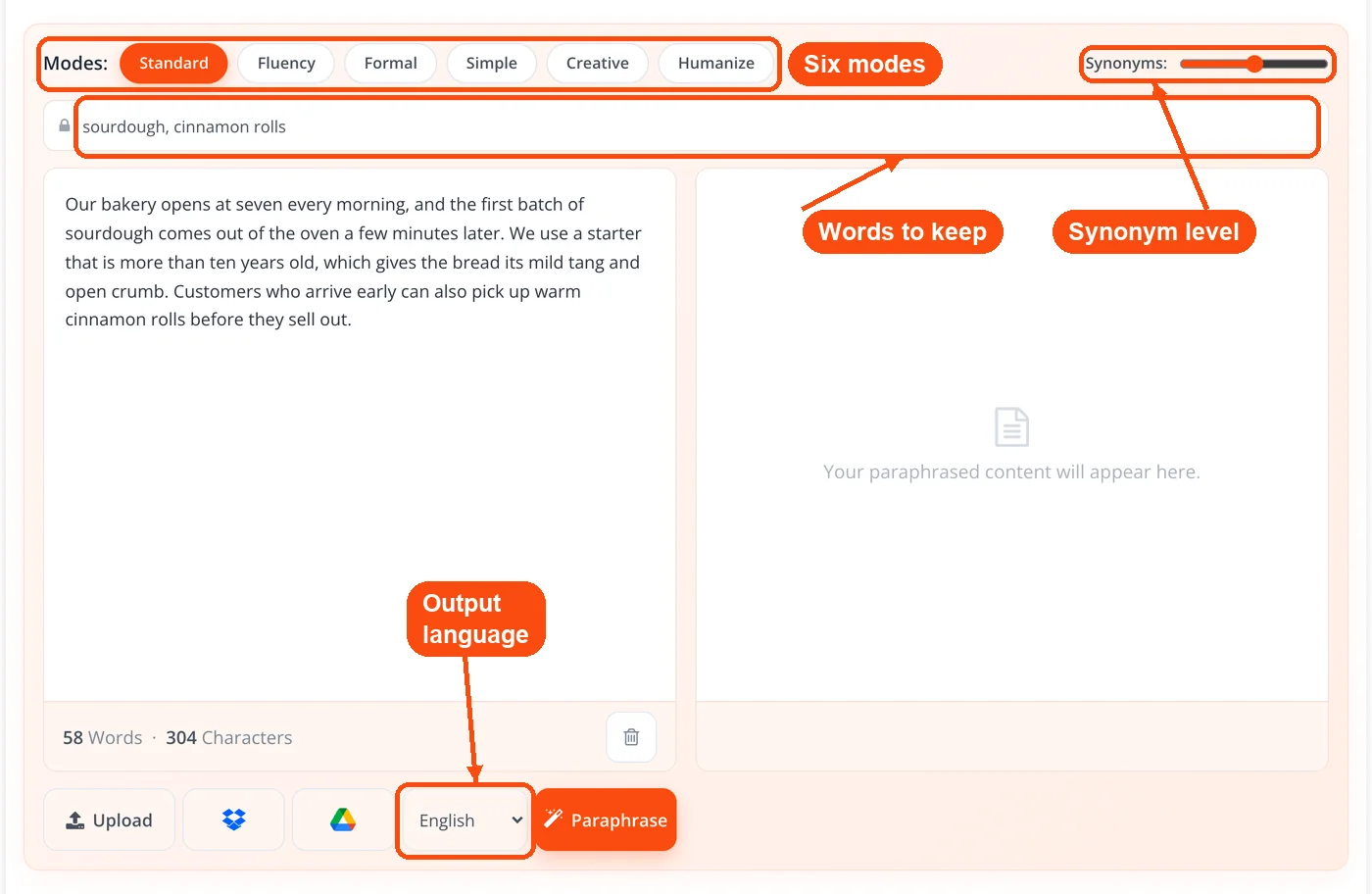 Modes, freeze words, synonyms and language