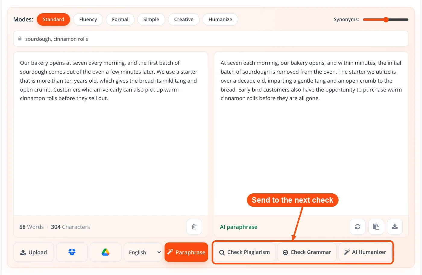 Plagiarism, grammar and humanizer buttons