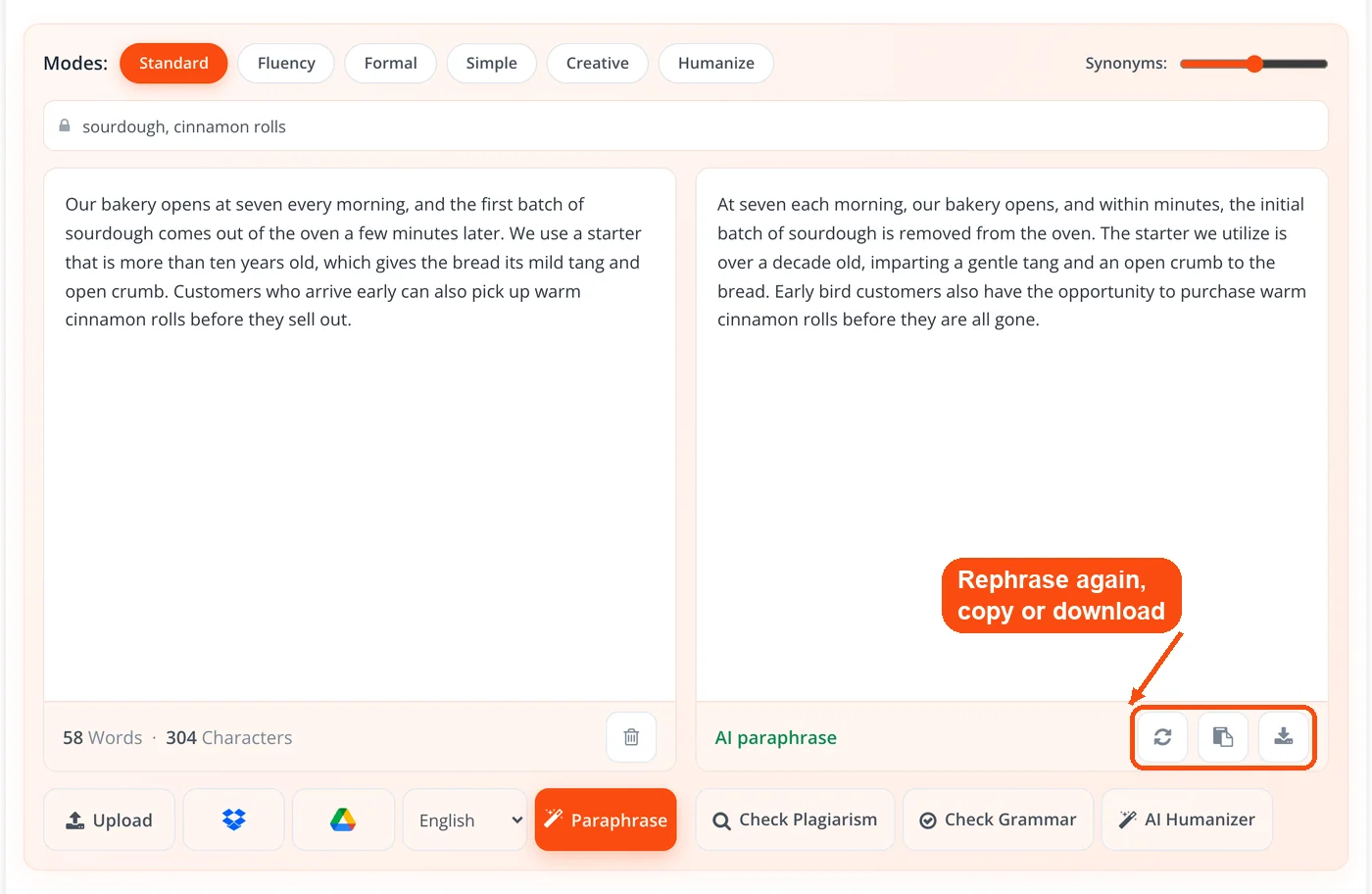 Rephrase, copy and download buttons