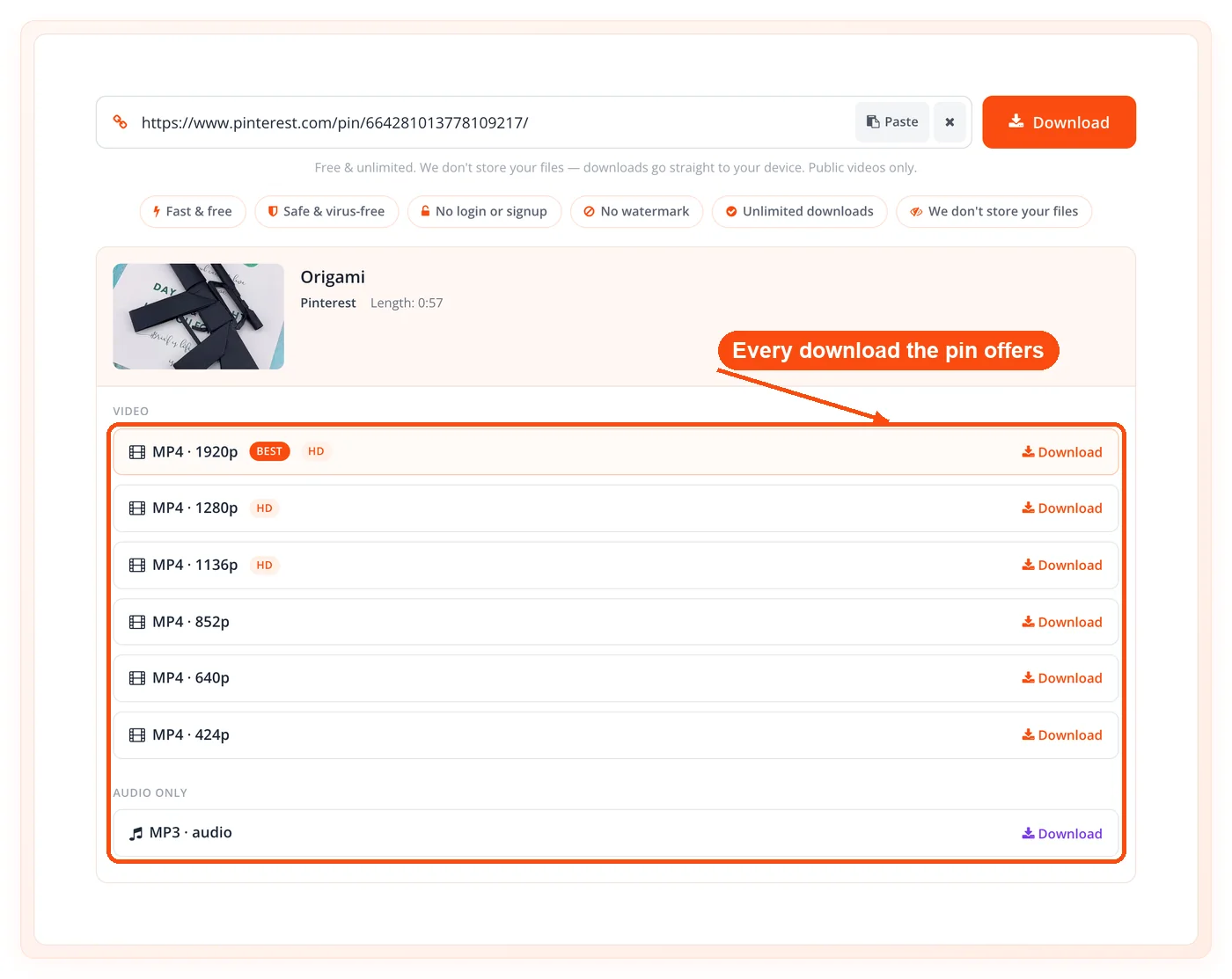 Every download the pin offers listed