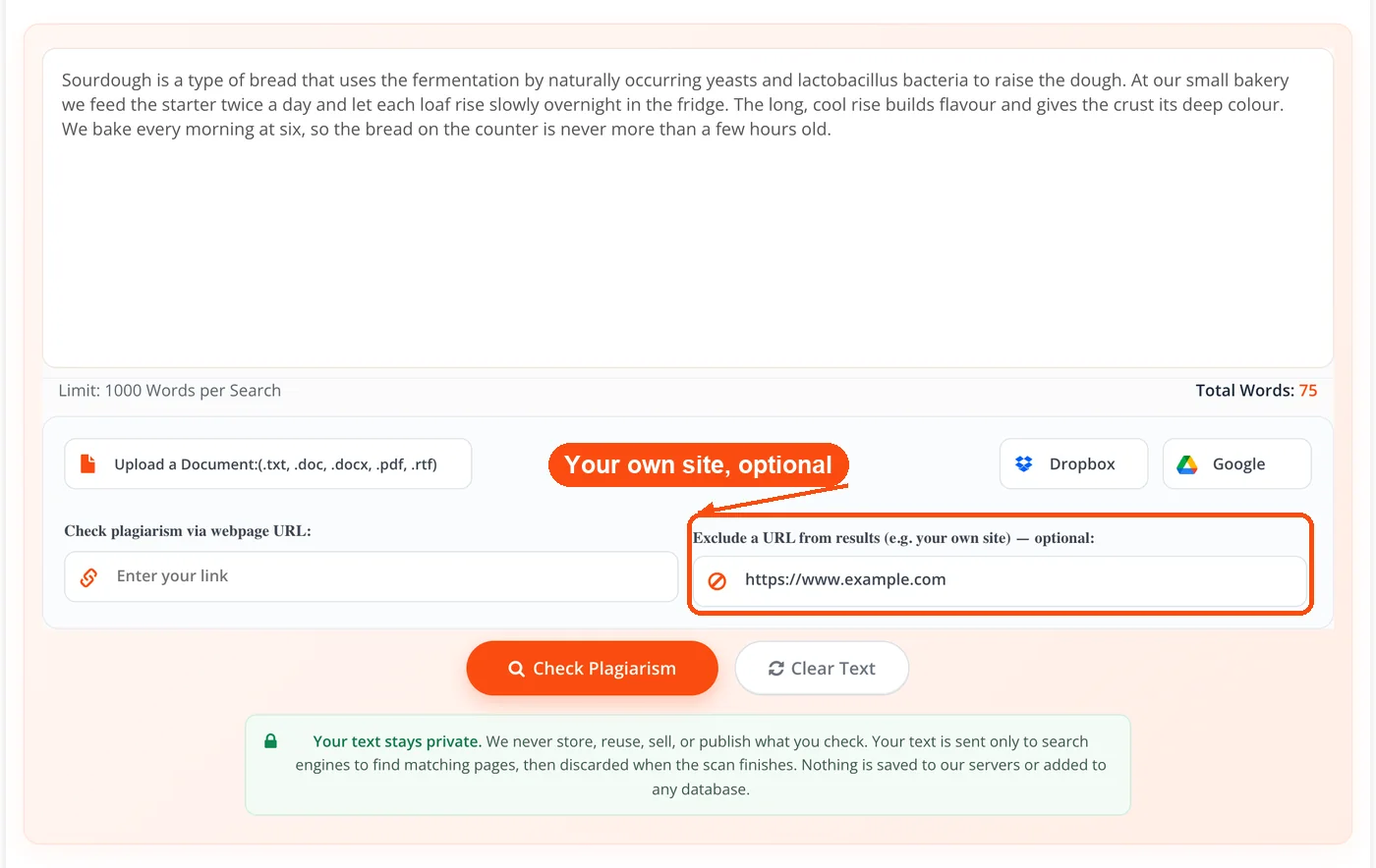 Own site URL in exclude field