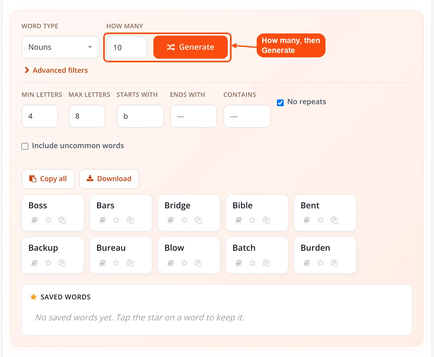 Word count and Generate button