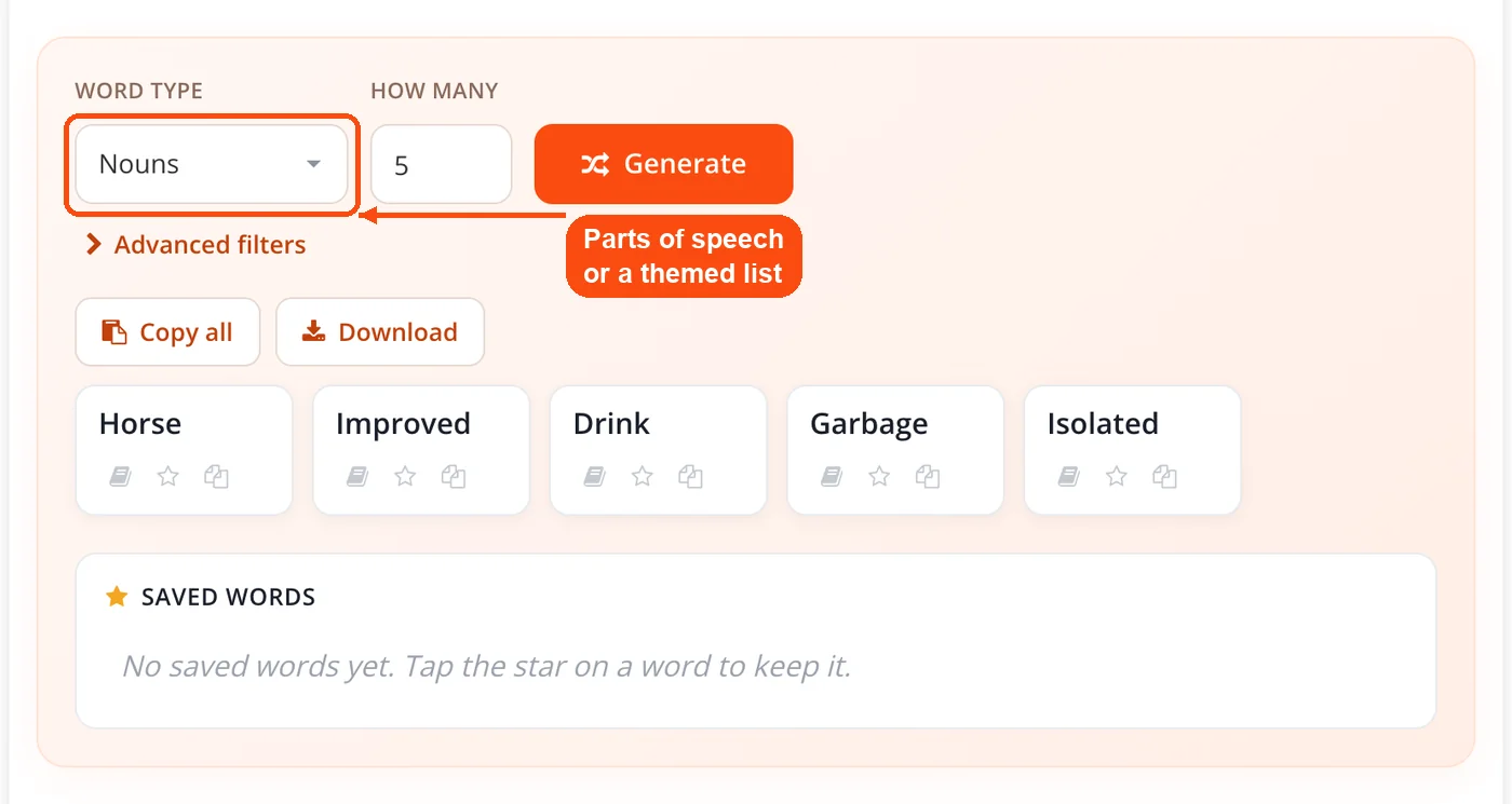 Word type menu set to nouns