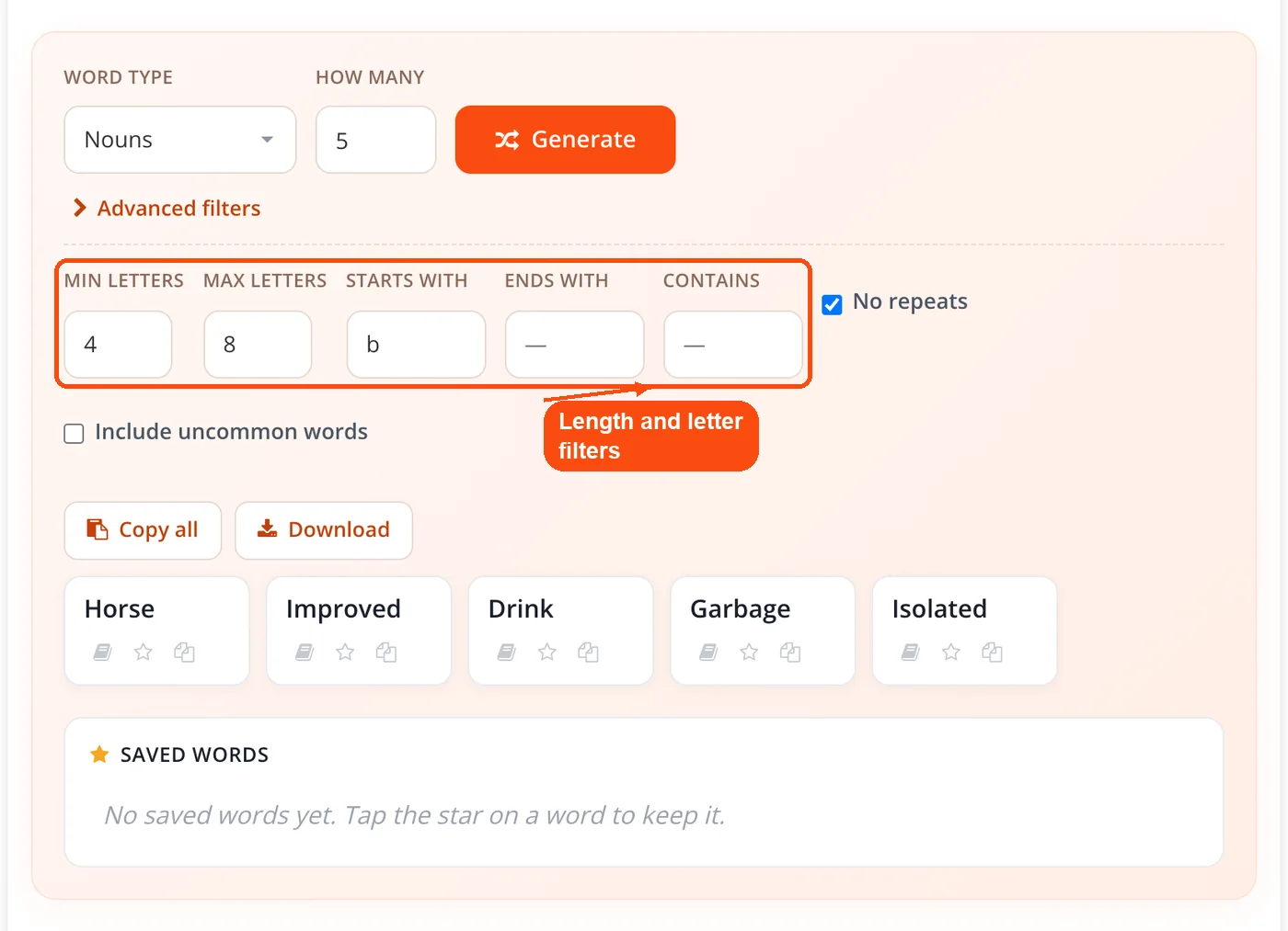 Length and letter filters filled in
