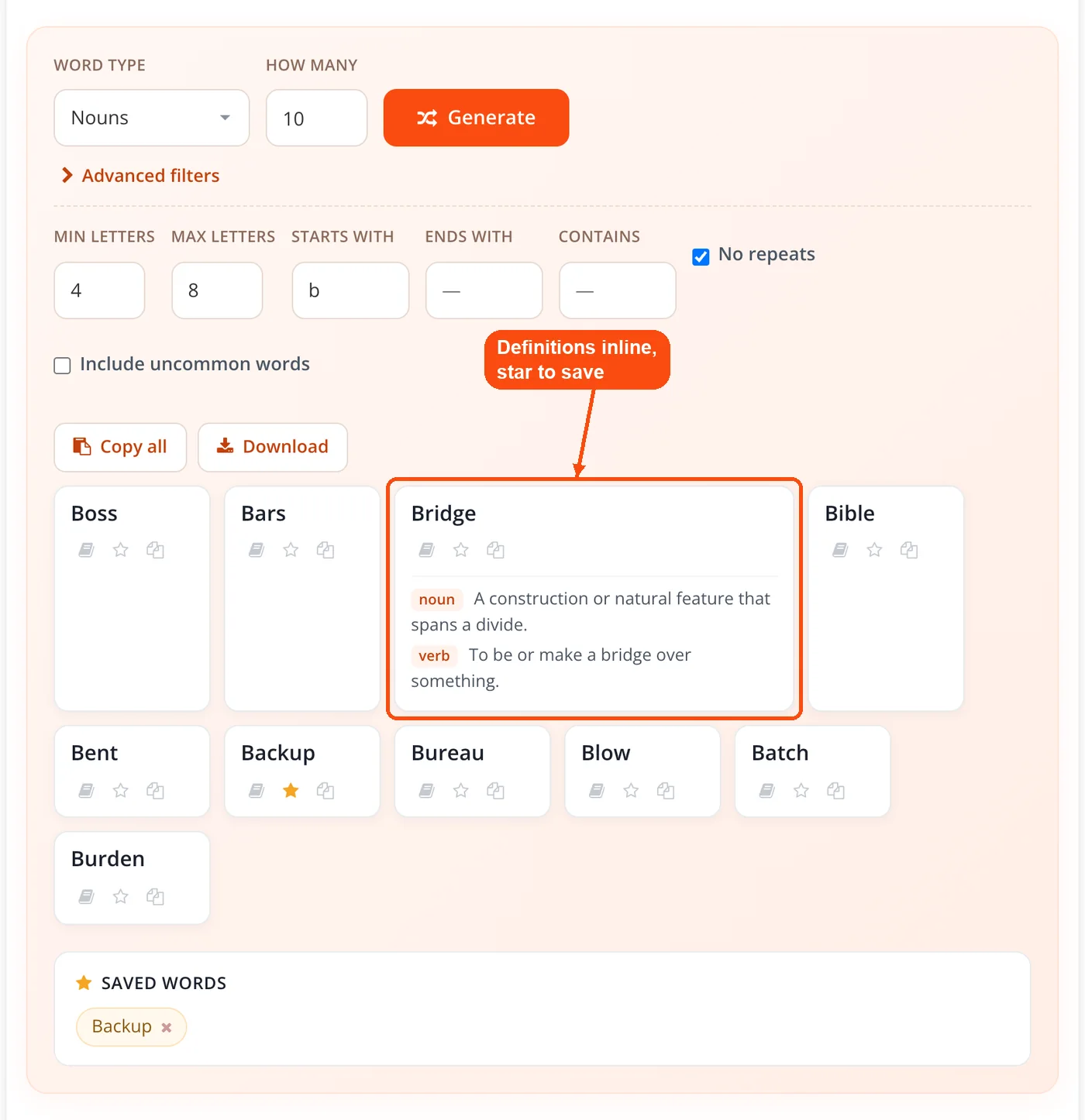 Word card with inline definition