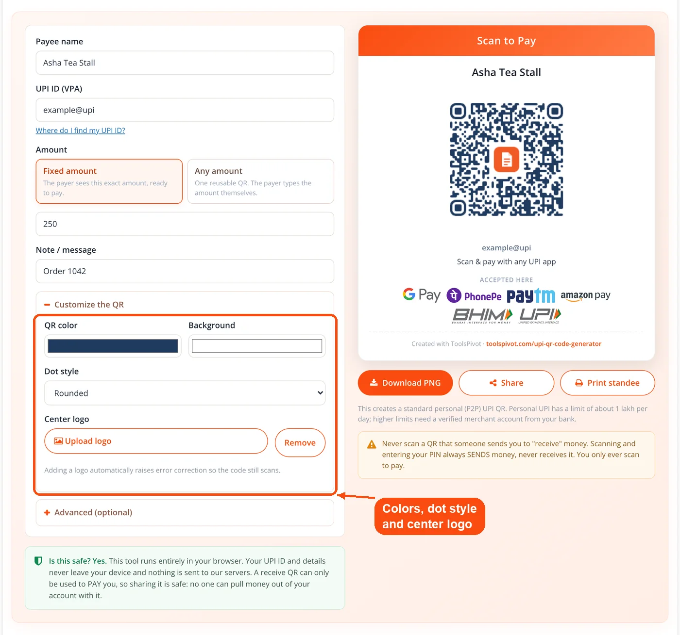 QR colors, dot style and center logo