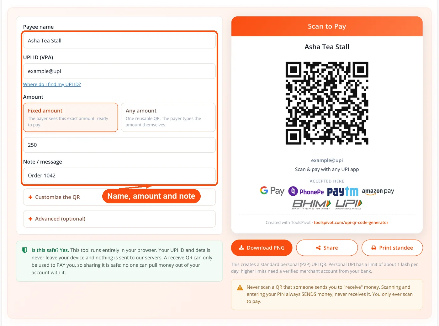 Payee name, amount and note filled