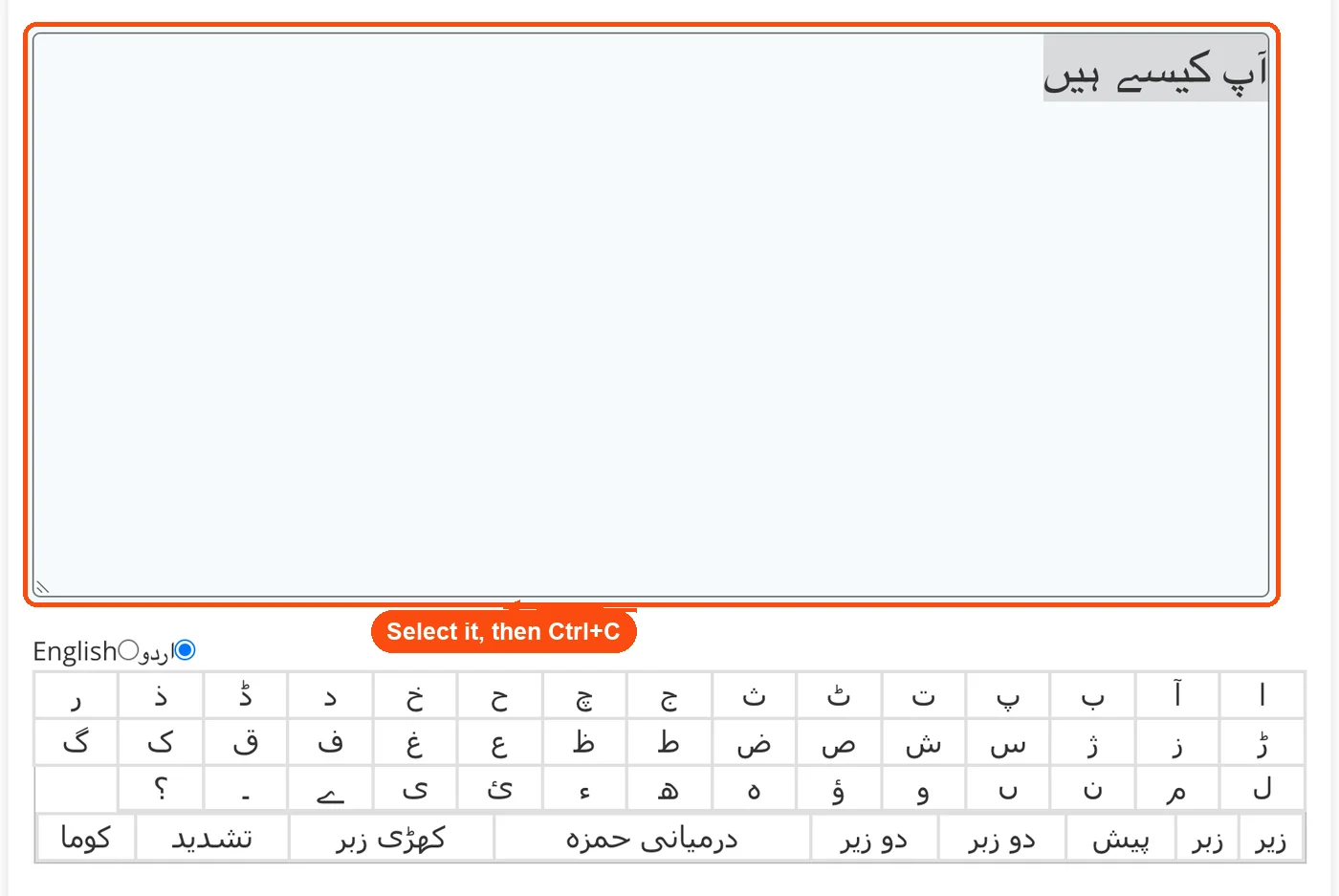 Finished Urdu text selected to copy