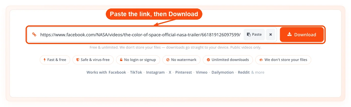 Video link pasted beside Download button