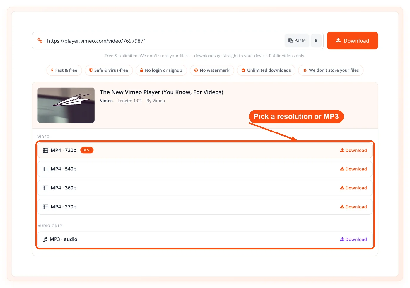 Vimeo resolutions and MP3 option listed