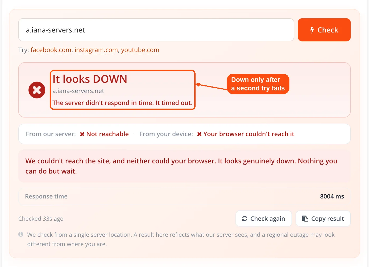 Timed-out site shown as DOWN