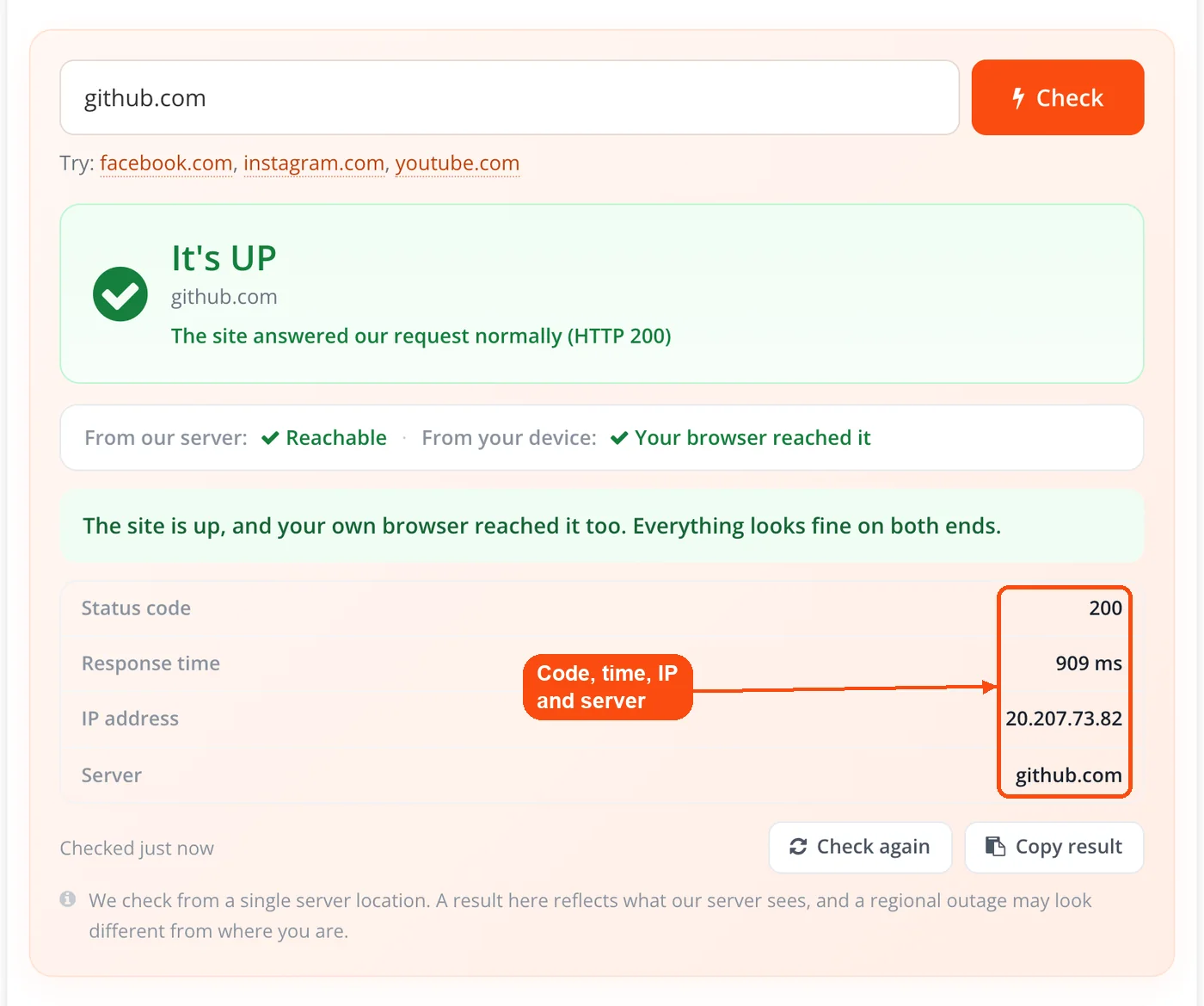 Status code, response time, IP, server