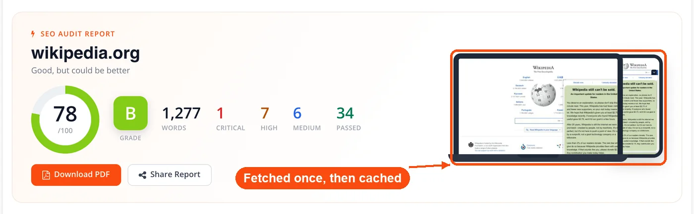Fetched page shown in the report header