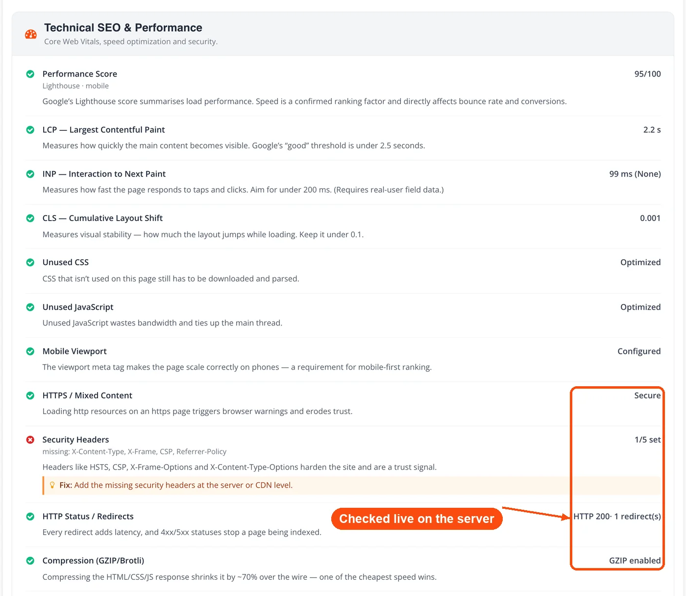 HTTPS, headers, redirects and compression results