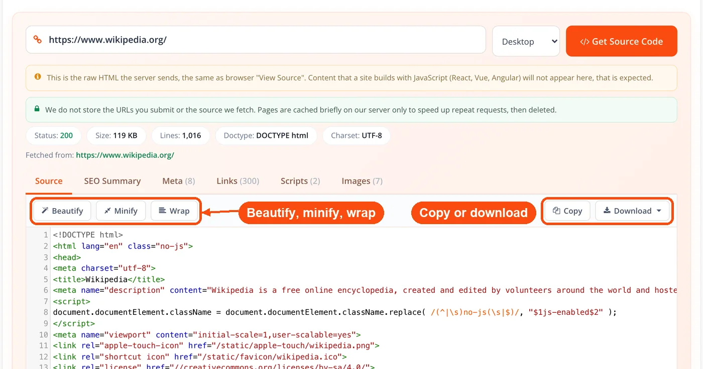 Beautify, minify, copy and download buttons