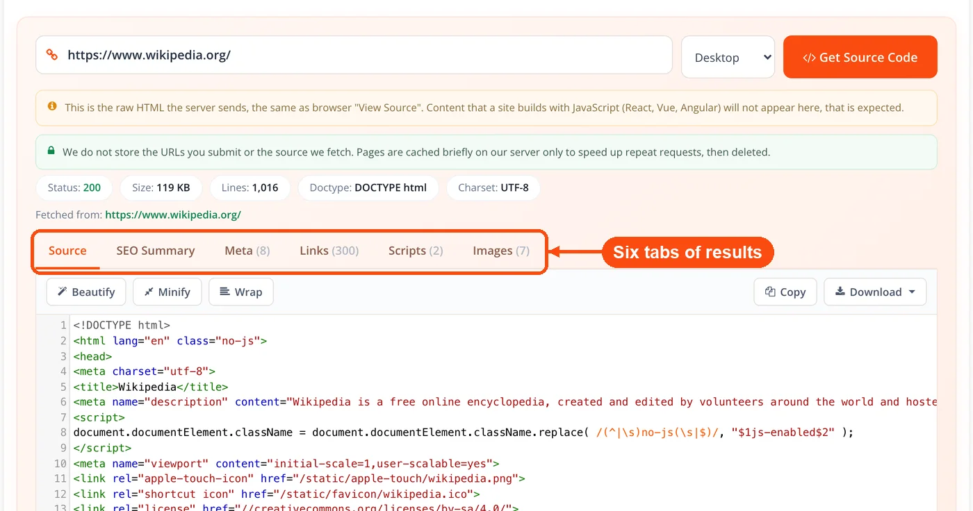 Source, SEO, Meta and other tabs