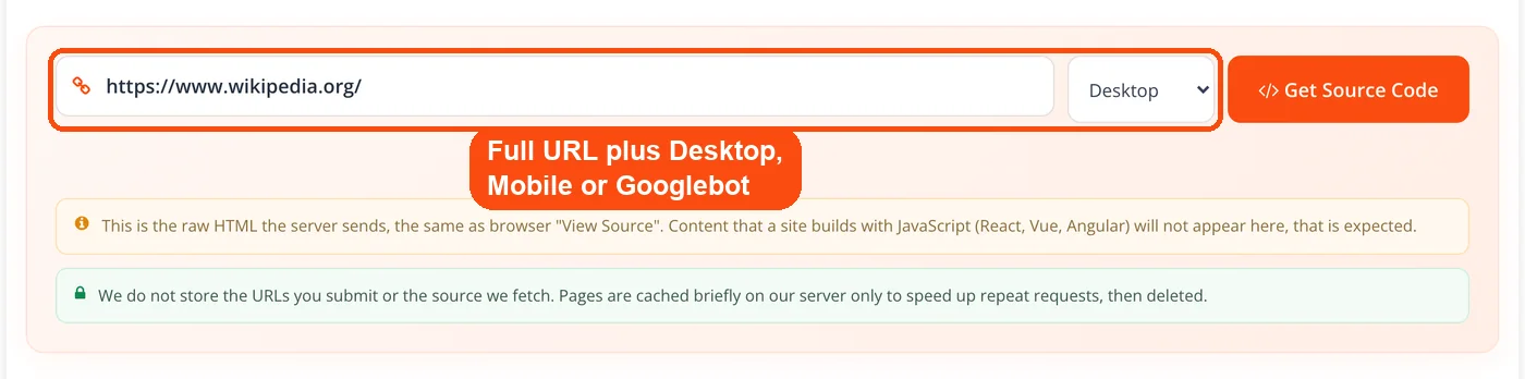 URL entered with user-agent selector